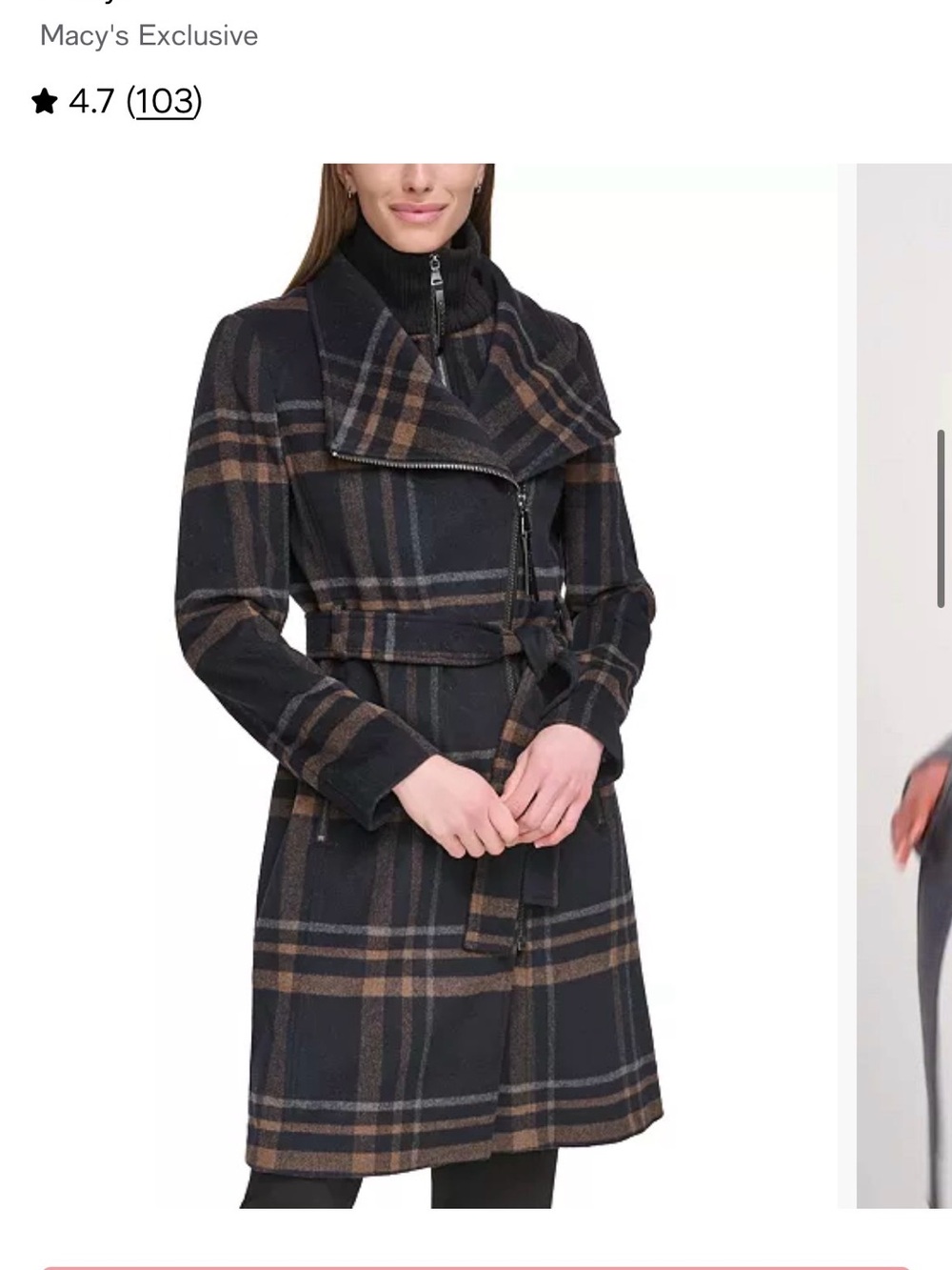 Calvin Klein Black Plaid Belted Trench Coat